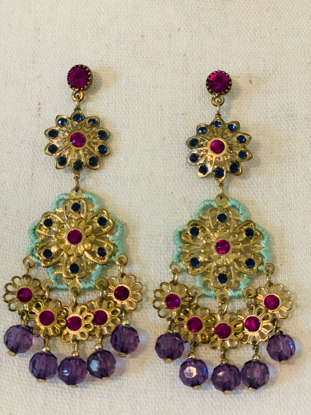 Gold-Tone Floral Drop Earrings with Fuchsia and Amethyst Accents